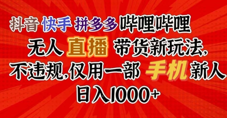 抖音快手拼多多哔哩哔哩无人直播带货新玩法，不违规，仅用一部手机新人日入1000+|云雀资源分享