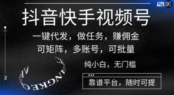 抖音快手视频号一键代发，做任务，赚佣金，可矩阵，多账号，可批量|云雀资源分享