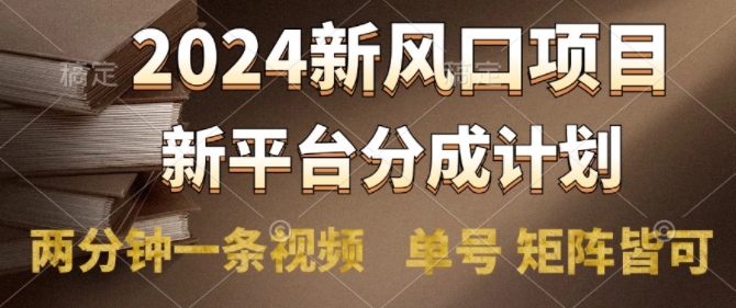 2024风口项目，新平台分成计划，两分钟一条视频，单号 矩阵皆可操作轻松上手月入9000+|云雀资源分享