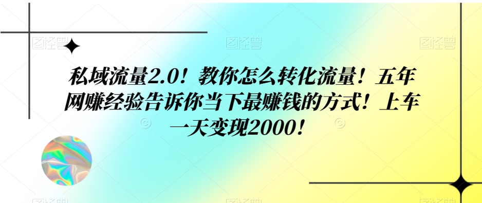 私域流量2.0！教你怎么转化流量！五年网赚经验告诉你当下最赚钱的方式！上车一天变现2000！|云雀资源分享