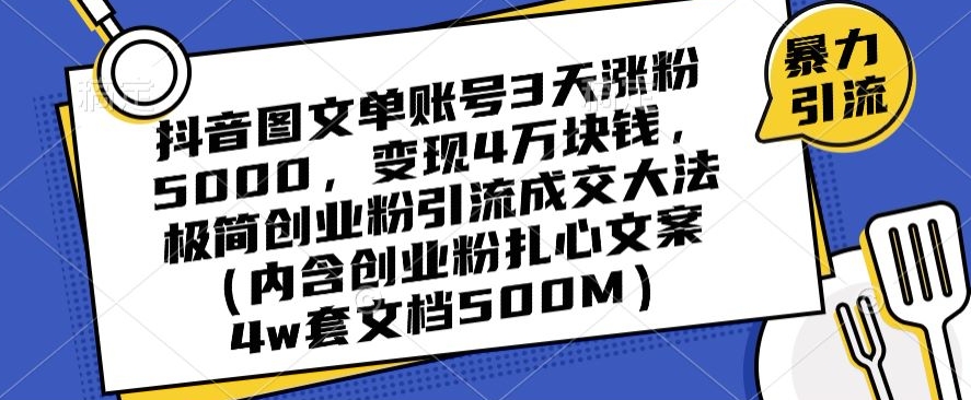 抖音图文单账号3天涨粉5000，变现4万块钱，极简创业粉引流成交大法|云雀资源分享