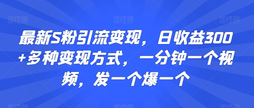 最新S粉引流变现，日收益300+多种变现方式，一分钟一个视频，发一个爆一个【揭秘】|云雀资源分享