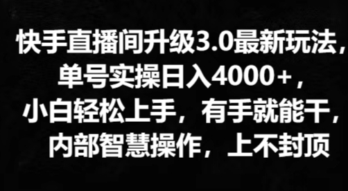 快手直播平台更新3.0全新游戏玩法，新手快速上手，两双手就会干，内部结构聪慧实际操作，无限张力|云雀资源分享