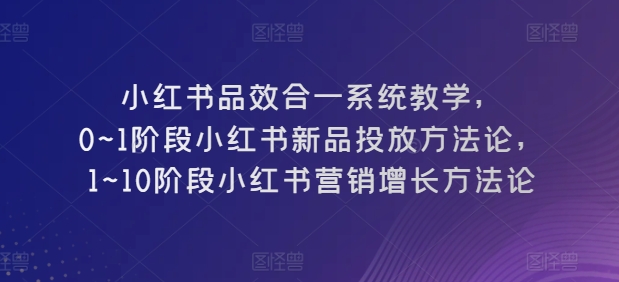 小红书品效合一系统教学，0~1阶段小红书新品投放方法论，1~10阶段小红书营销增长方法论