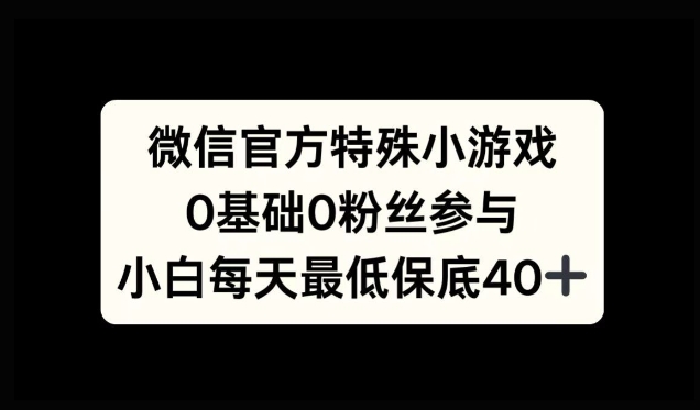 微信官方特定小游戏，0基础0粉丝，小白上手每天最少保底40 