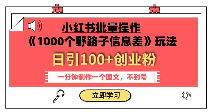 小红书批量操作《1000个野路子信息差》玩法，一分钟制作一个图文，不封号，日引100 创业粉